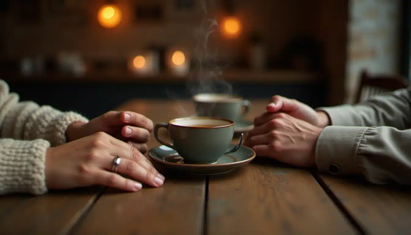 Mains d'un homme et d'une femme posées côte à côte sur une table de café, éclairage bougie, symbolisant la distinction entre âme sœur et flamme jumelle