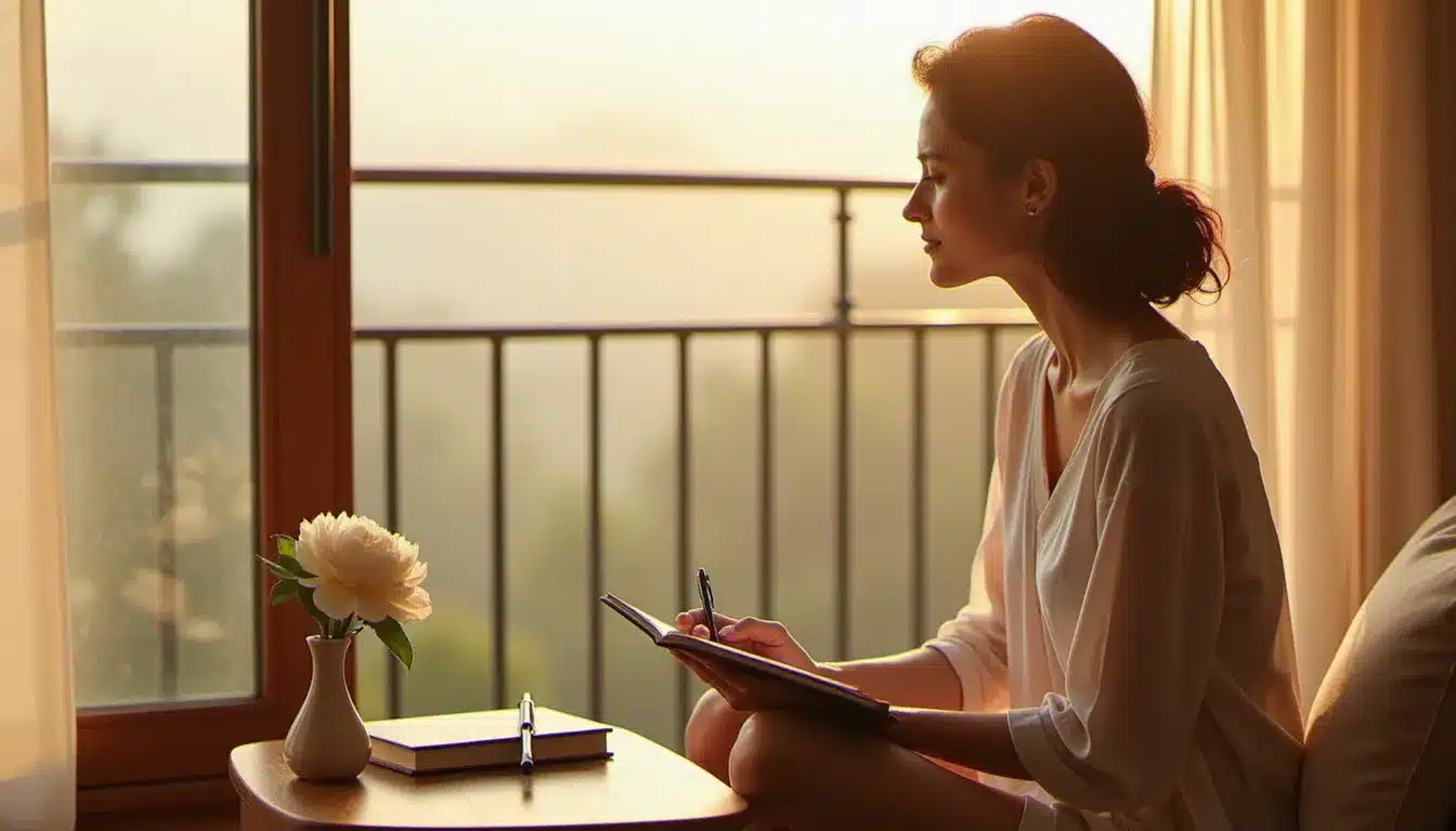 Femme assise en tailleur sur un balcon baigné de lumière, yeux fermés, tenant un journal ouvert, illustrant la contemplation intérieure liée à la définition âme sœur