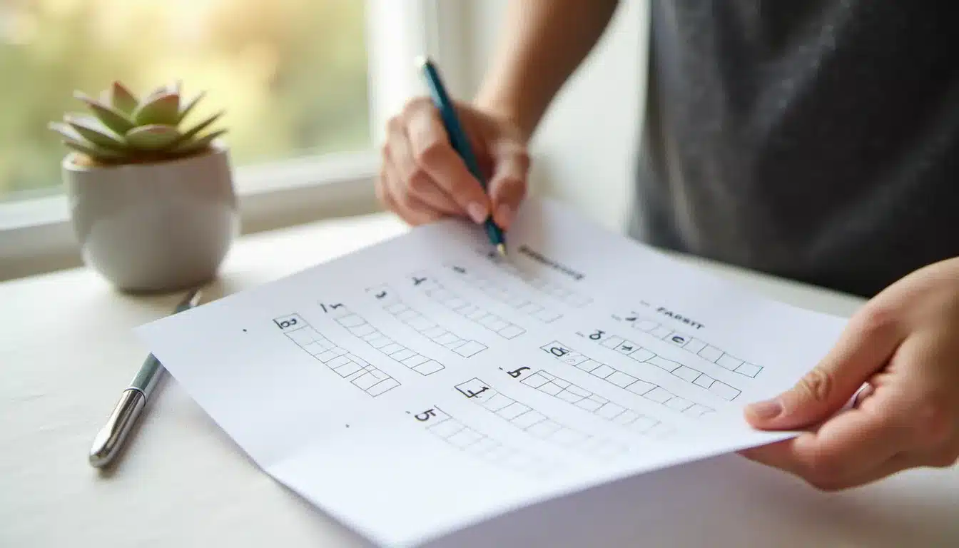 Mains tenant un questionnaire papier de test, représentant l'auto-évaluation structurée en contexte apaisé