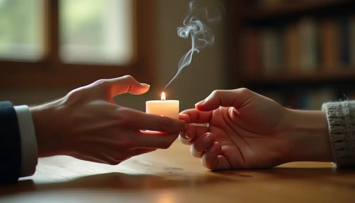 Deux mains se quittant doucement au-dessus d'une table, une bougie éteinte fumant légèrement, symbole des signes d'une séparation définitive
