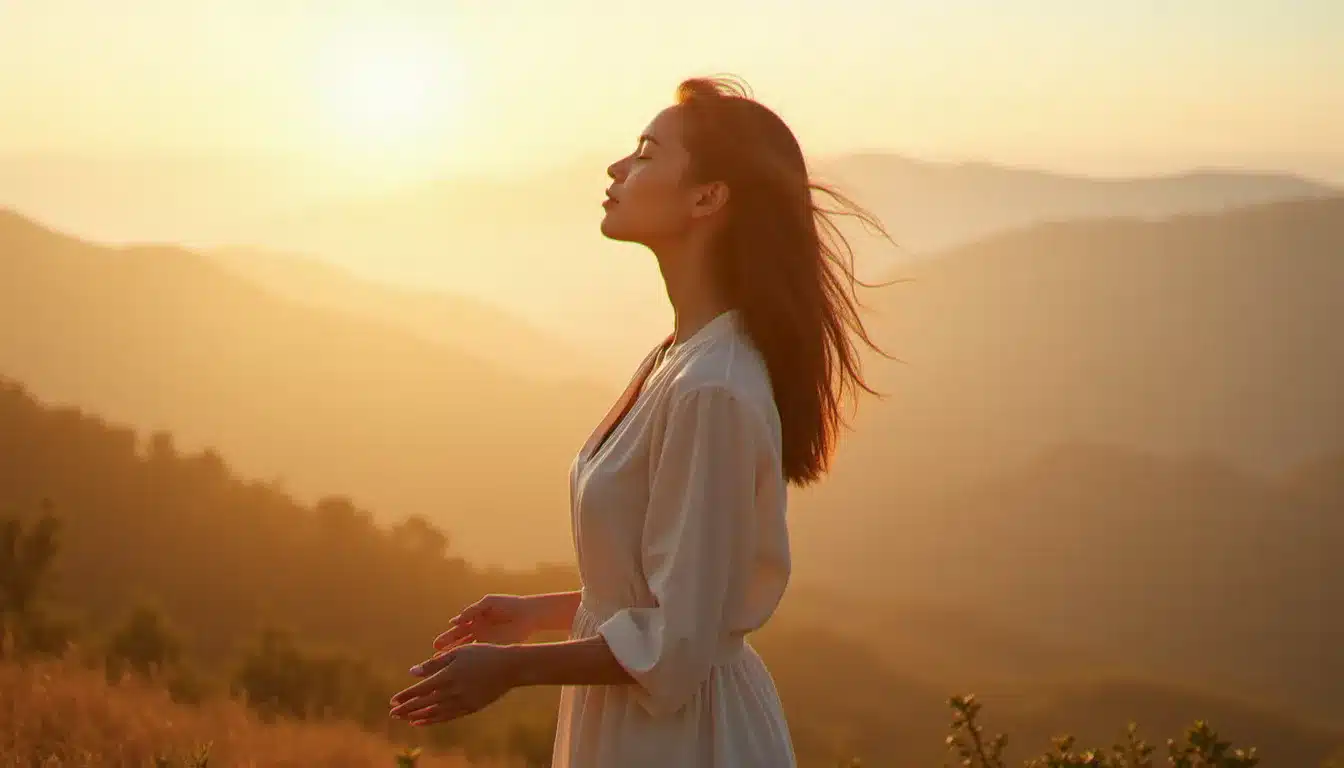 Femme seule sur une colline brumeuse au lever du soleil, bras ouverts, incarnant le moment de la flamme jumelle séparation définitive et de la libération intérieure