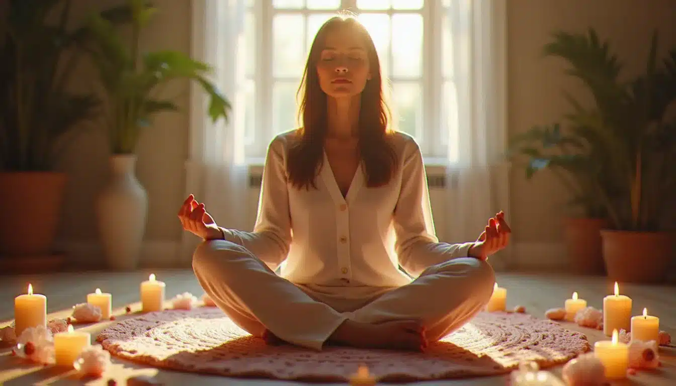 Femme en méditation dans un cercle sacré avec bougies et cristaux
