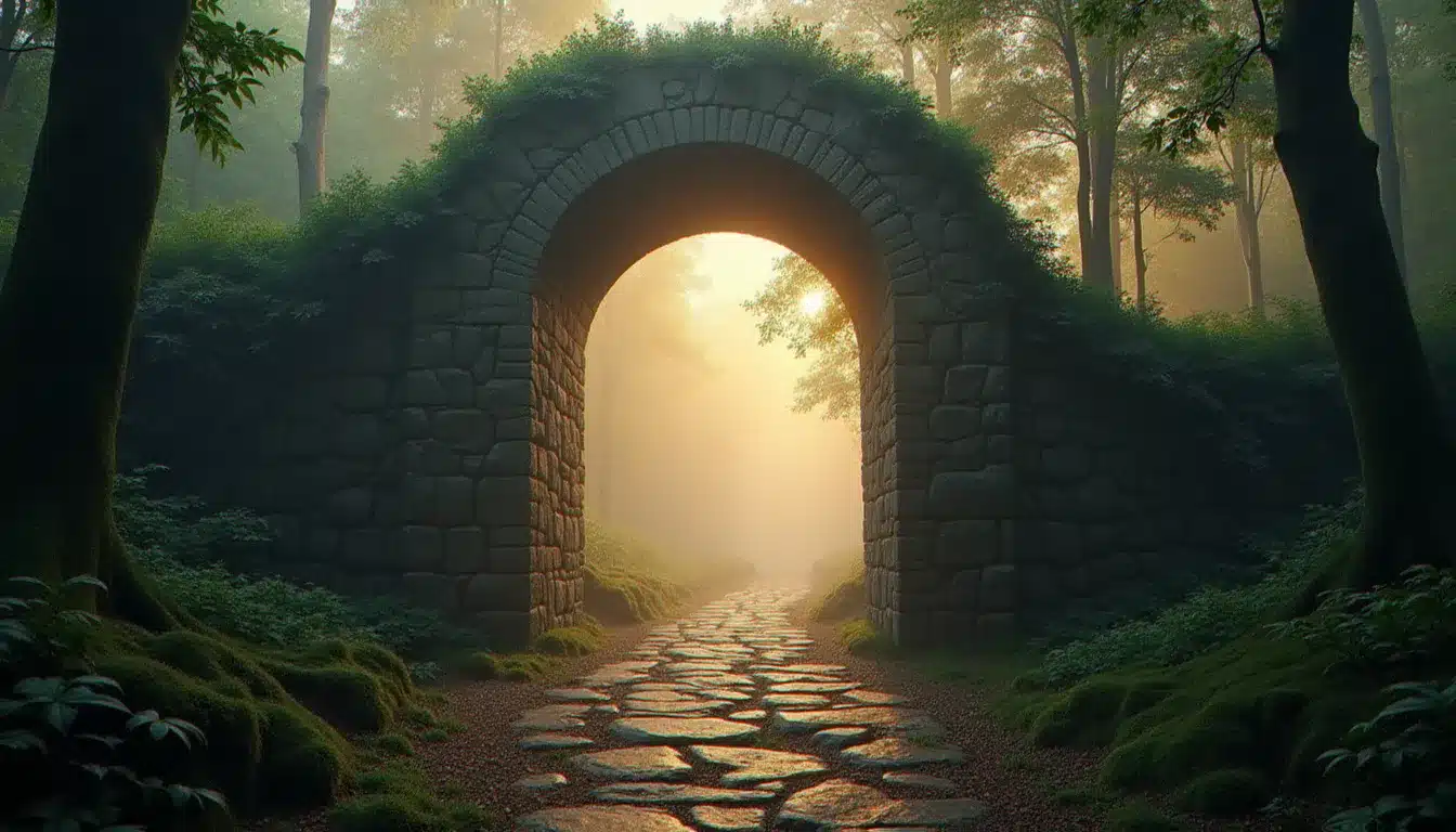 Portail énergétique ancien dans une forêt mystique au lever du soleil