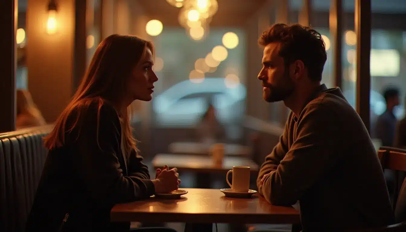 Deux personnes en conversation profonde et connectée à une table de café