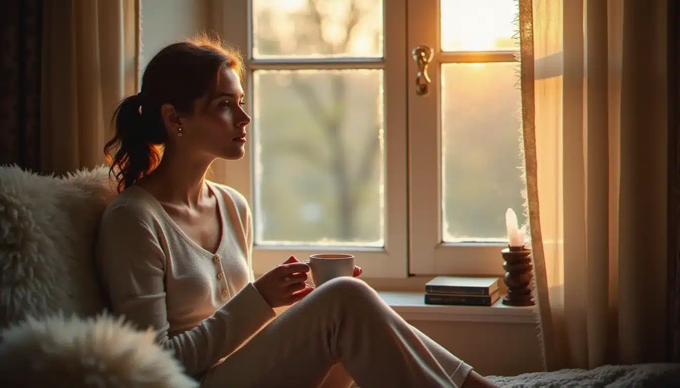 Femme en méditation contemplative près d'une fenêtre, réfléchissant à la notion d'âme sœur