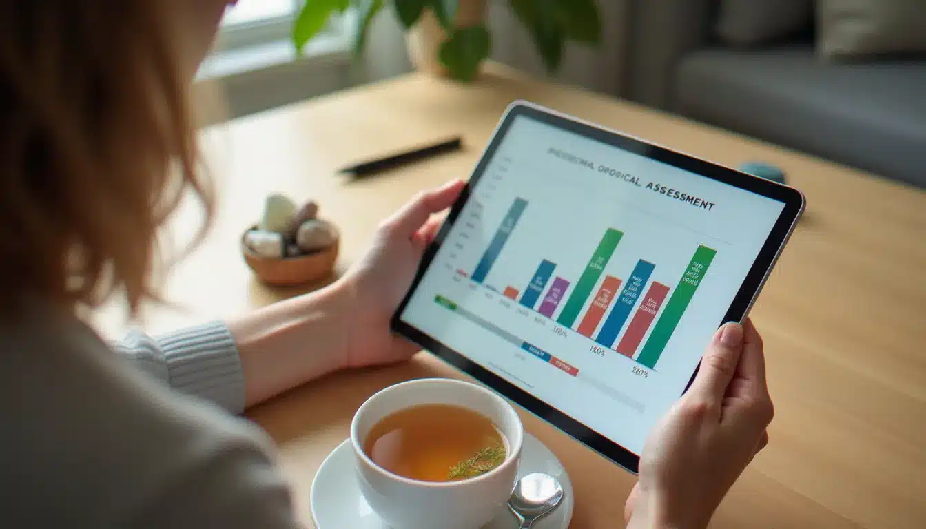 Mains d'une femme tenant une tablette sur laquelle s'affiche un graphique de résultats de test de dépendance affective, thé et cristal à proximité