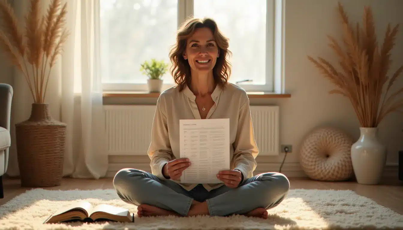 Femme en pleine méditation examinant les résultats d'un test dépendance affective dans un intérieur lumineux et apaisant
