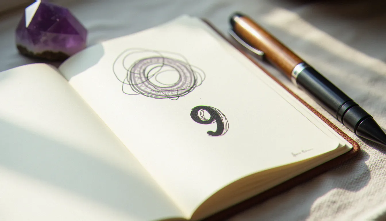 Carnet ouvert avec des cercles et les chiffres 0 et 9 dessinés à l'encre, évoquant la lecture numérologique de l'heure miroir