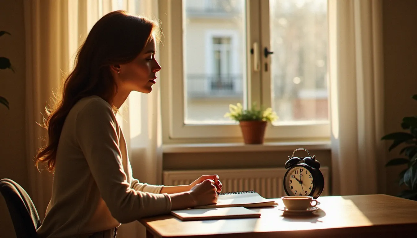 Femme songeuse près d'une fenêtre devant un réveil affichant 09h09, illustrant la 09h09 signification flamme jumelle