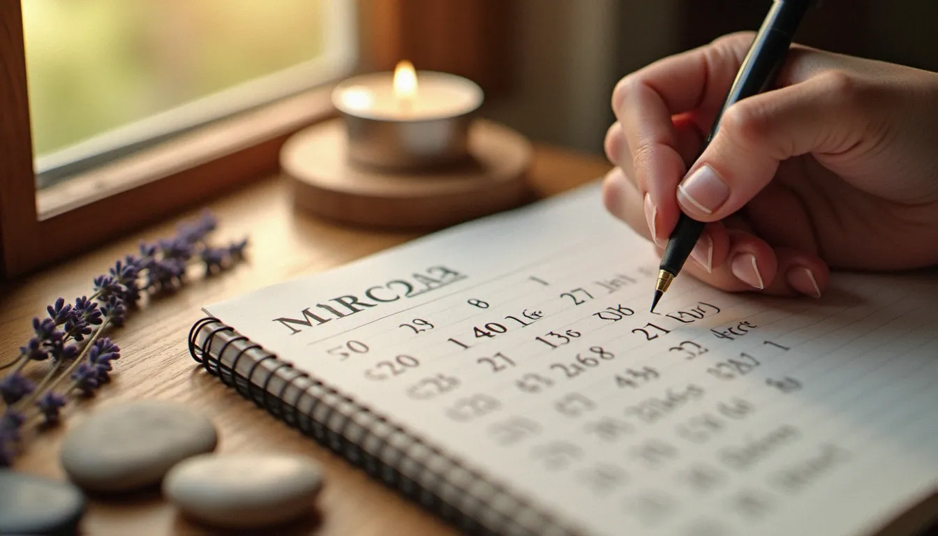 Main qui écrit dans un carnet à côté d'une bougie et de pierres, évoquant le calcul numérologique d'une heure miroir