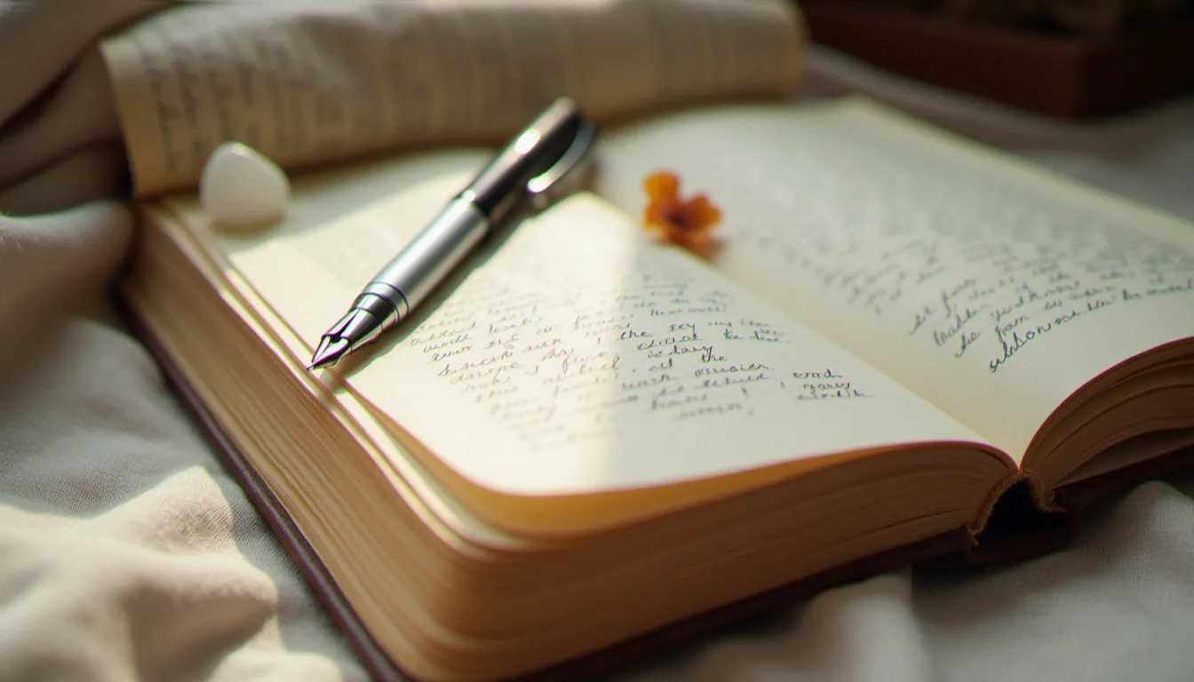 Carnet ouvert posé sur une table avec un stylo, un petit cristal et une fleur séchée, support de réflexion sur les nombres miroirs