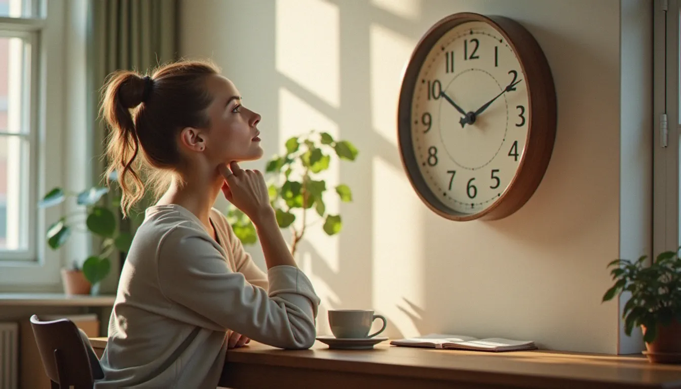 Une femme pensive regarde une horloge indiquant 12h12 près d'une fenêtre, illustrant la 12h12 signification flamme jumelle