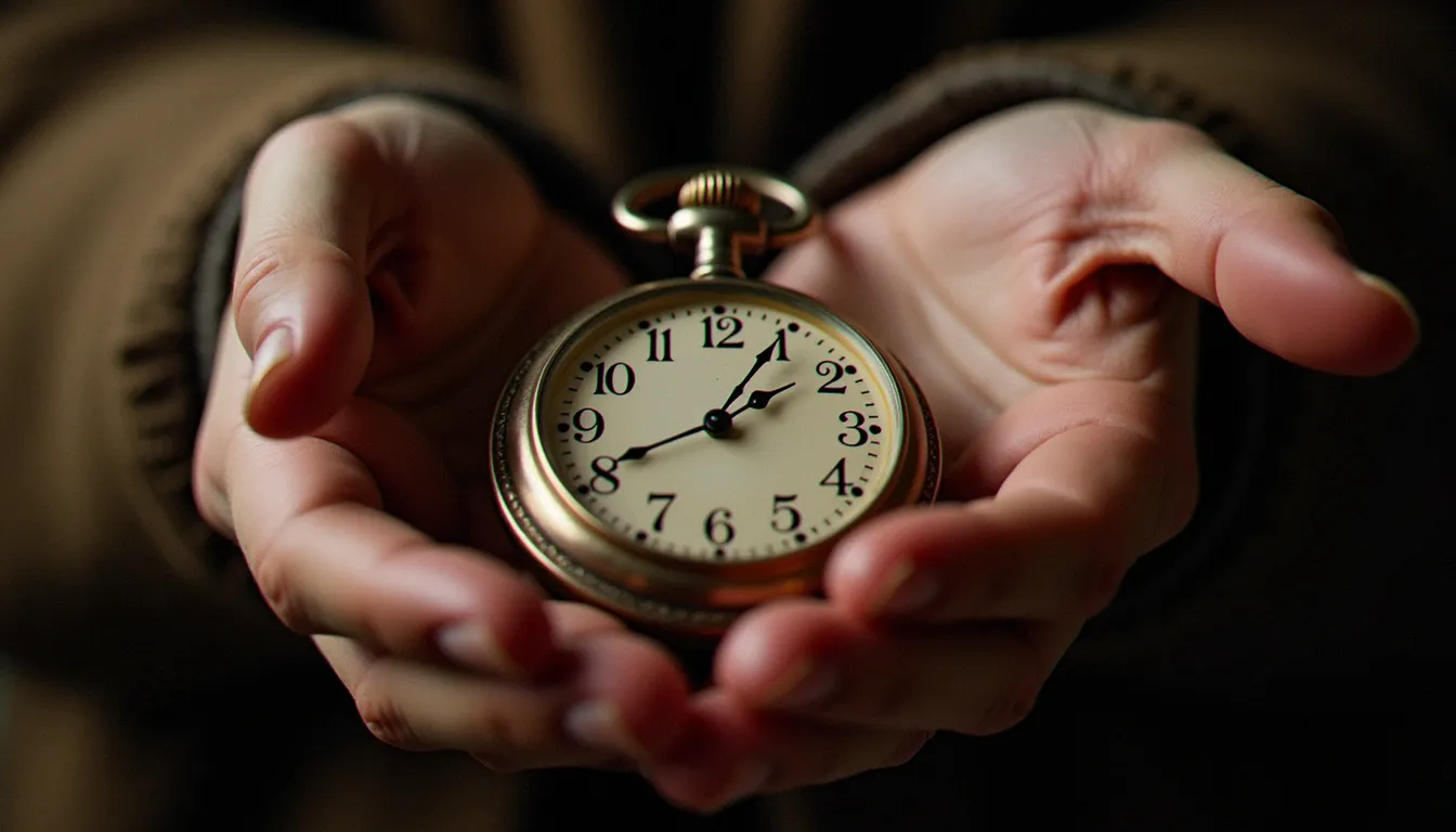 Deux mains tenant une montre ancienne marquant l'heure 14h41, un signe de synchronicité.
