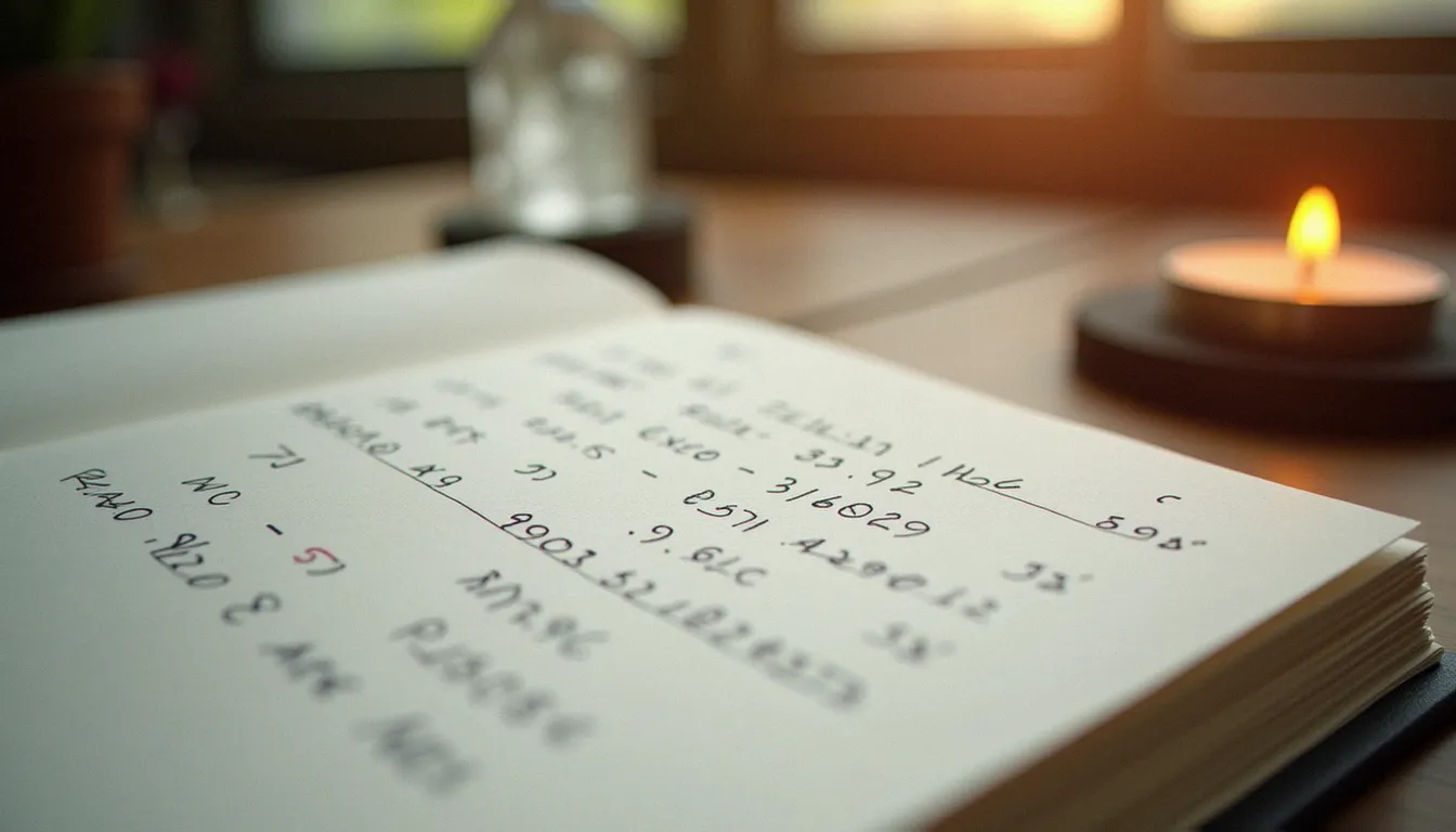Carnet de numérologie avec calculs manuscrits, bougie et cristal posés sur un bureau en bois
