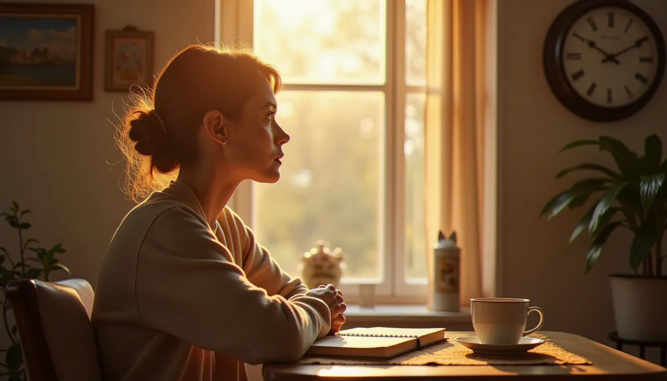 Femme songeuse regardant une horloge qui indique 15h15, illustrant la signification de 15h15 pour une flamme jumelle