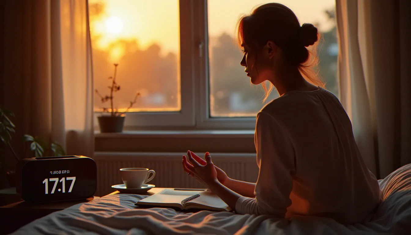 Femme songeuse regardant un réveil affichant 17h17 à la lumière dorée du soir, symbole de l'heure 17h17 flamme jumelle