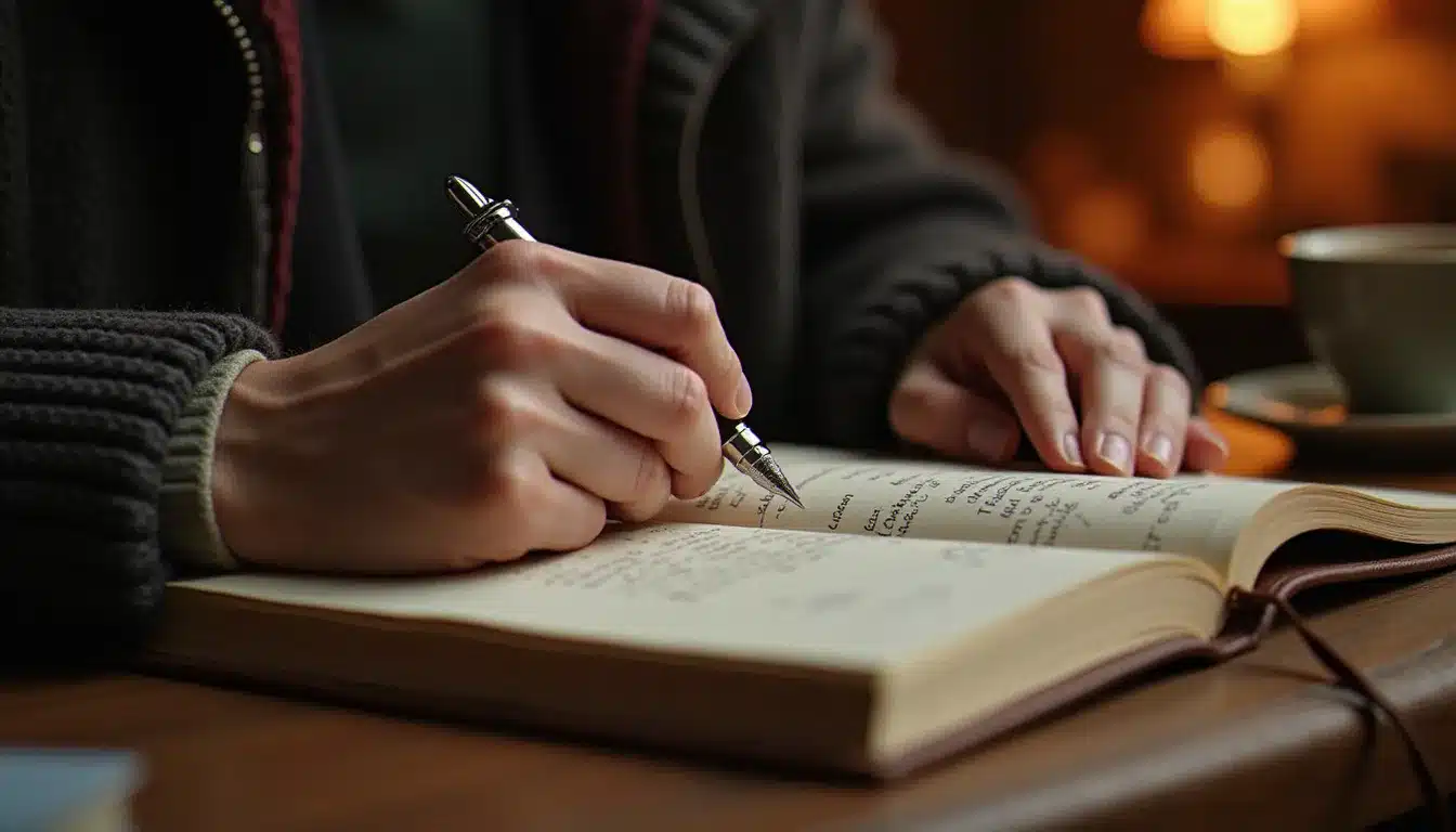 Mains écrivant dans un journal spirituel, pratique de notation des synchronicités numériques
