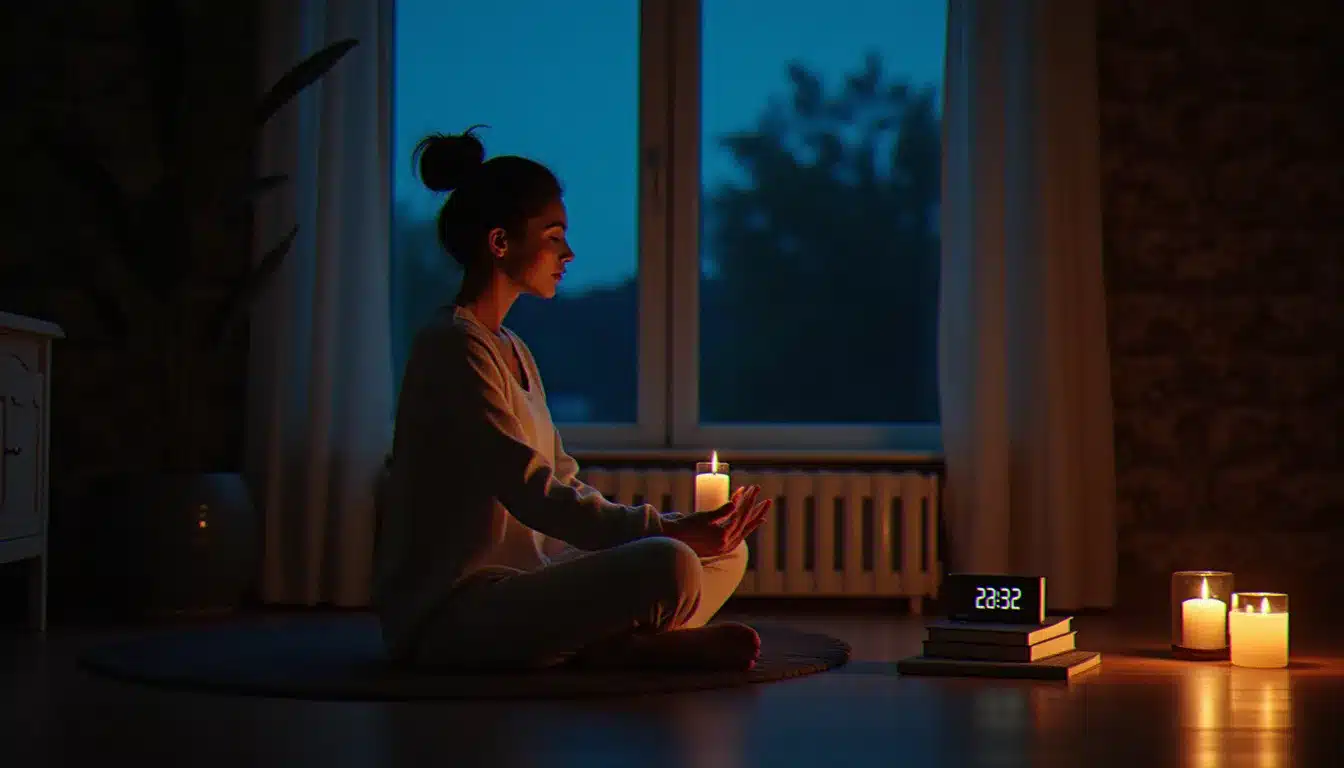 Femme méditant devant une horloge numérique affichant 23h32, signe spirituel de flamme jumelle