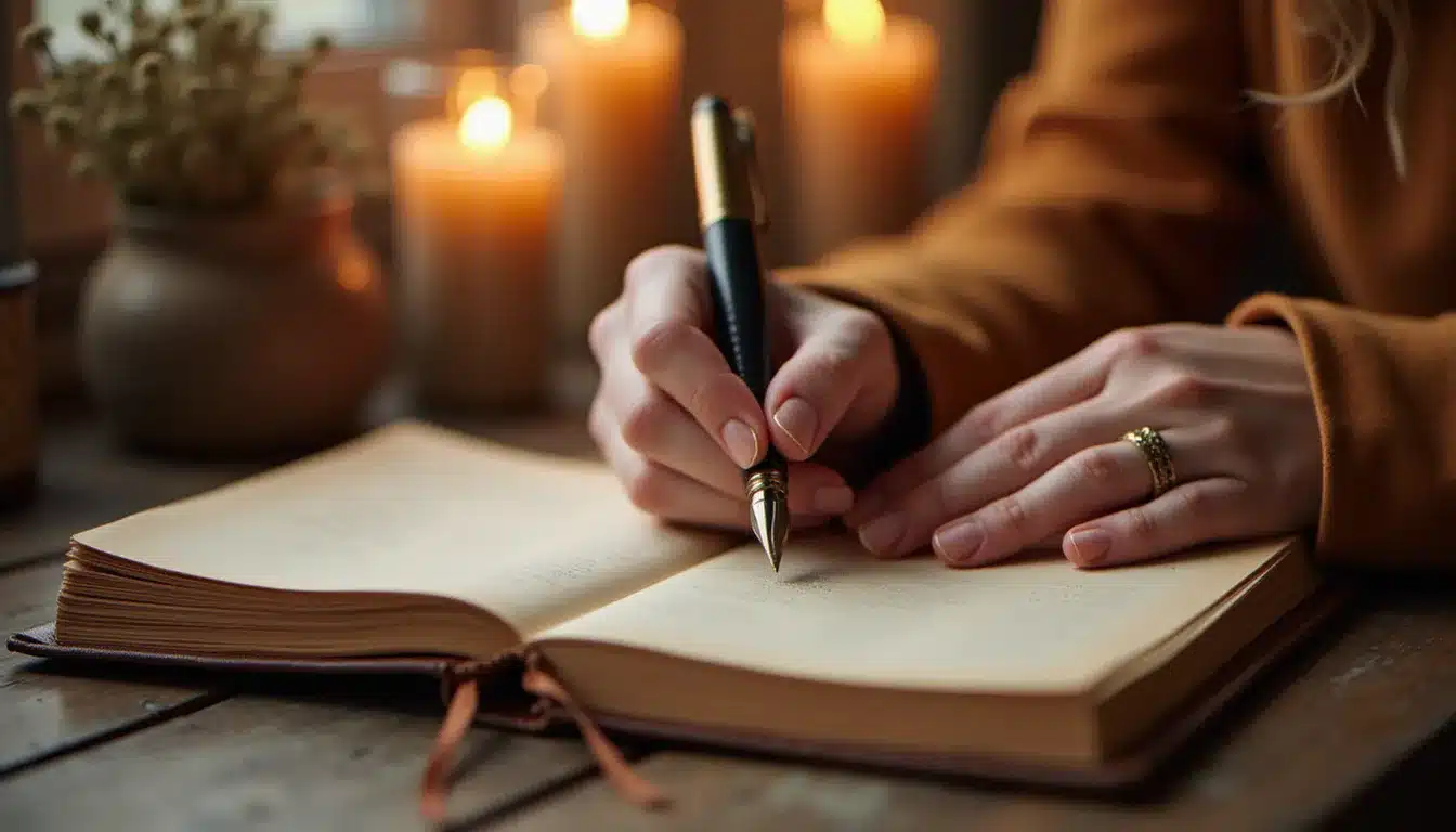 Mains écrivant dans un journal pour documenter les souvenirs de vies antérieures