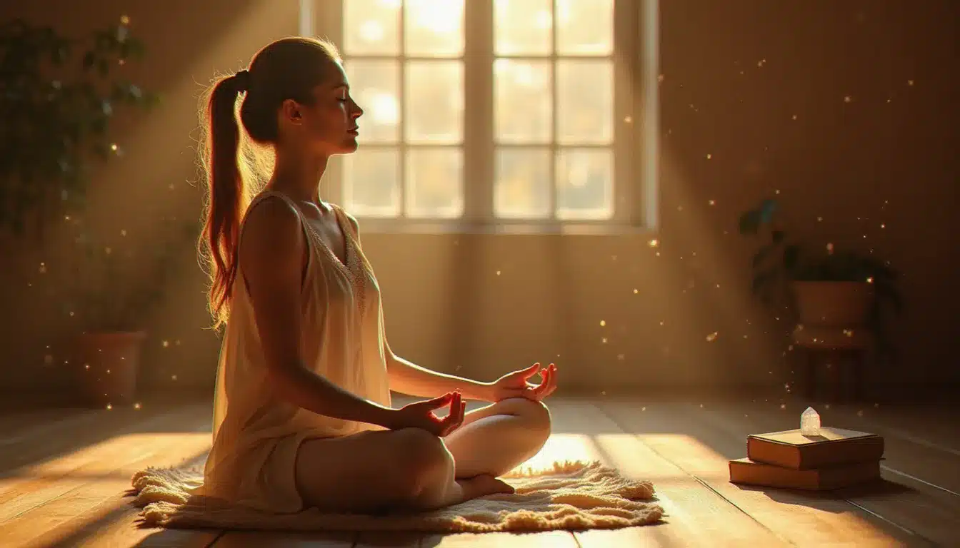 Femme en méditation explorant comment connaître ses vies antérieures dans un espace lumineux et apaisant
