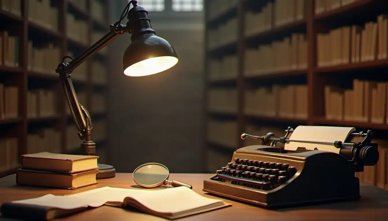 Bureau de chercheur avec livres anciens et loupe évoquant les études scientifiques sur la mémoire et la réincarnation