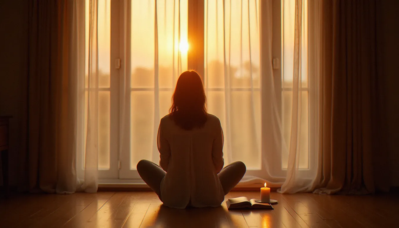 Femme assise près d'une fenêtre à l'aube, bougie allumée et carnet ouvert, dans une atmosphère paisible évoquant les entités spirituelles