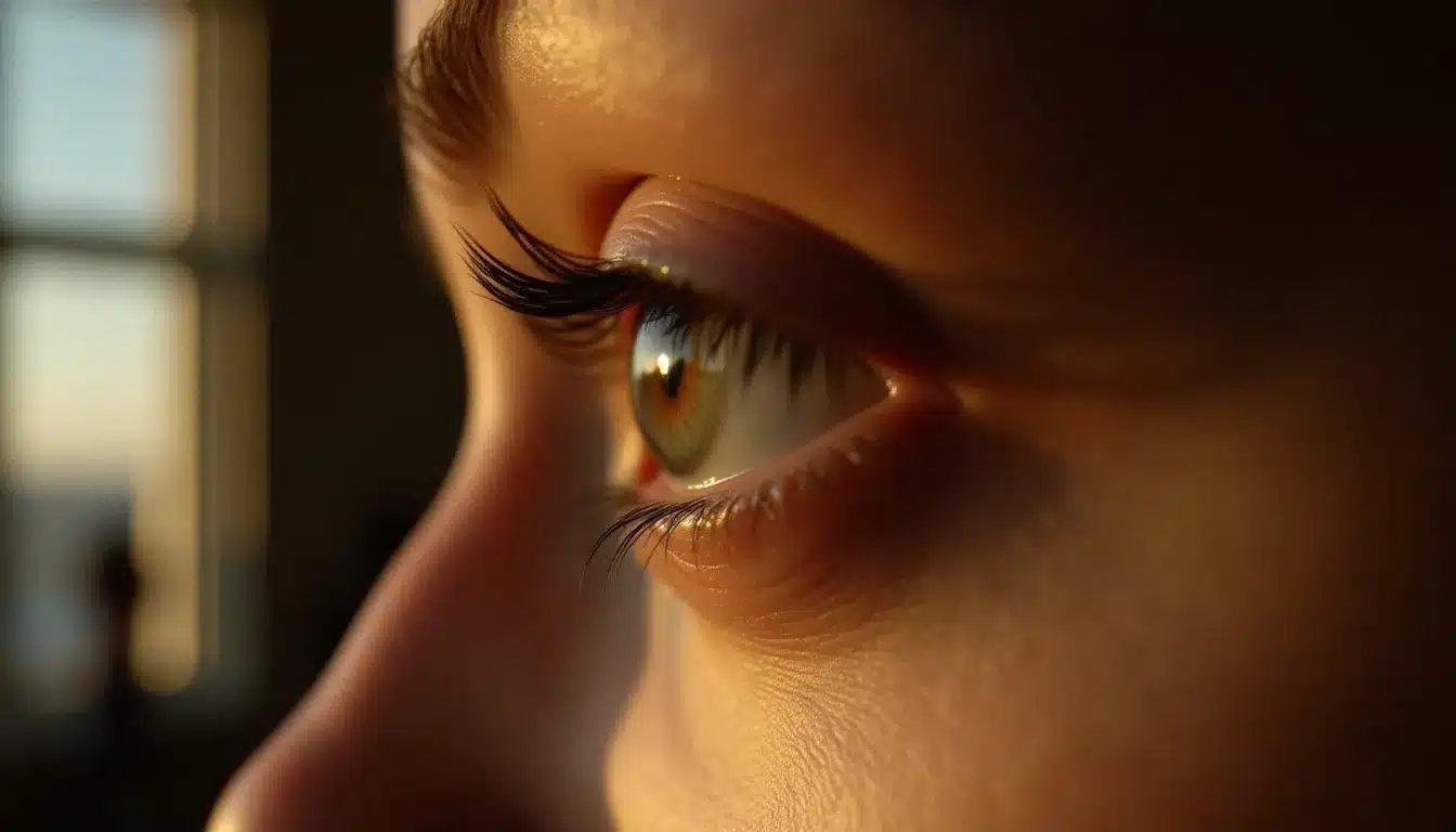 Gros plan sur l'œil d'une femme reflétant une lumière douce, évoquant l'intensité d'un échange visuel