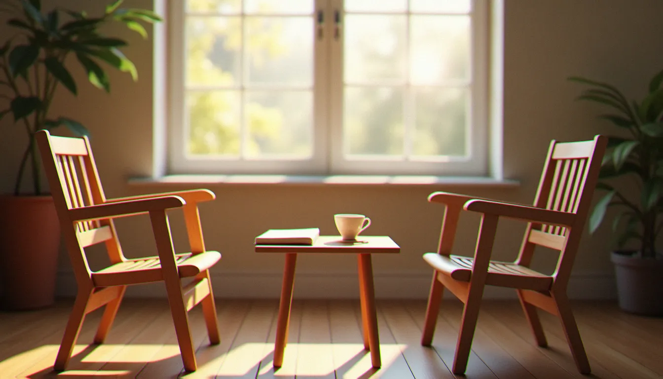 Deux chaises vides face à face autour d'une table avec un carnet et une tasse de thé, évoquant l'éloignement entre deux êtres