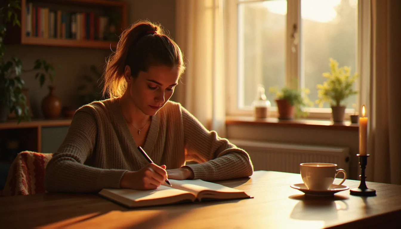 Femme pensive écrivant dans un carnet près d'une bougie, en pleine réflexion sur son flamme jumelle test