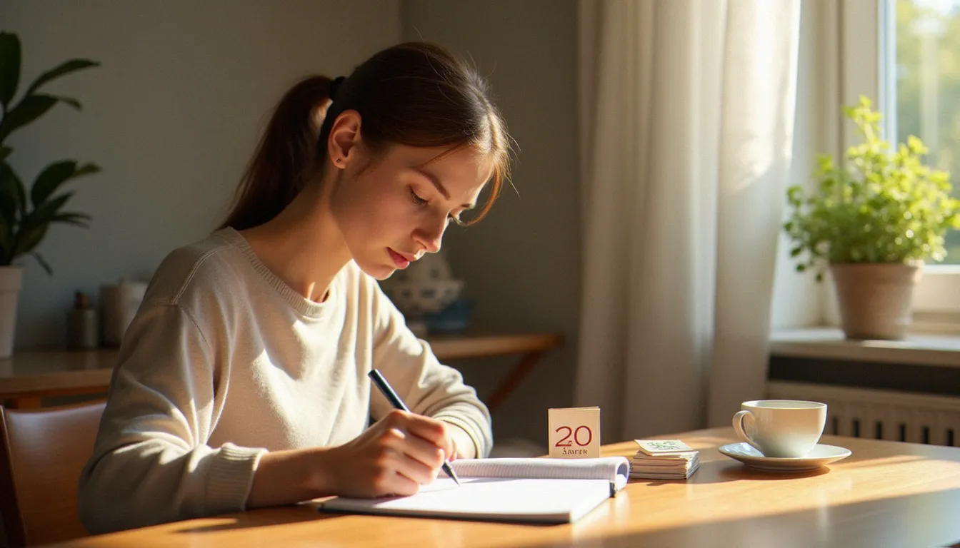 Femme écrivant dans un carnet à une table ensoleillée pour réfléchir à la symbolique du chiffre 2 en numérologie