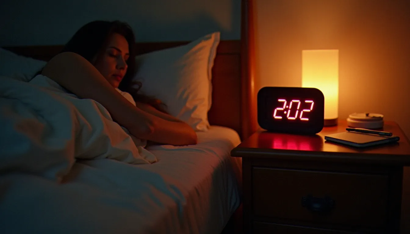 Réveil numérique affichant l'heure miroir 2h02 sur une table de chevet, dans la douce lumière d'une chambre la nuit