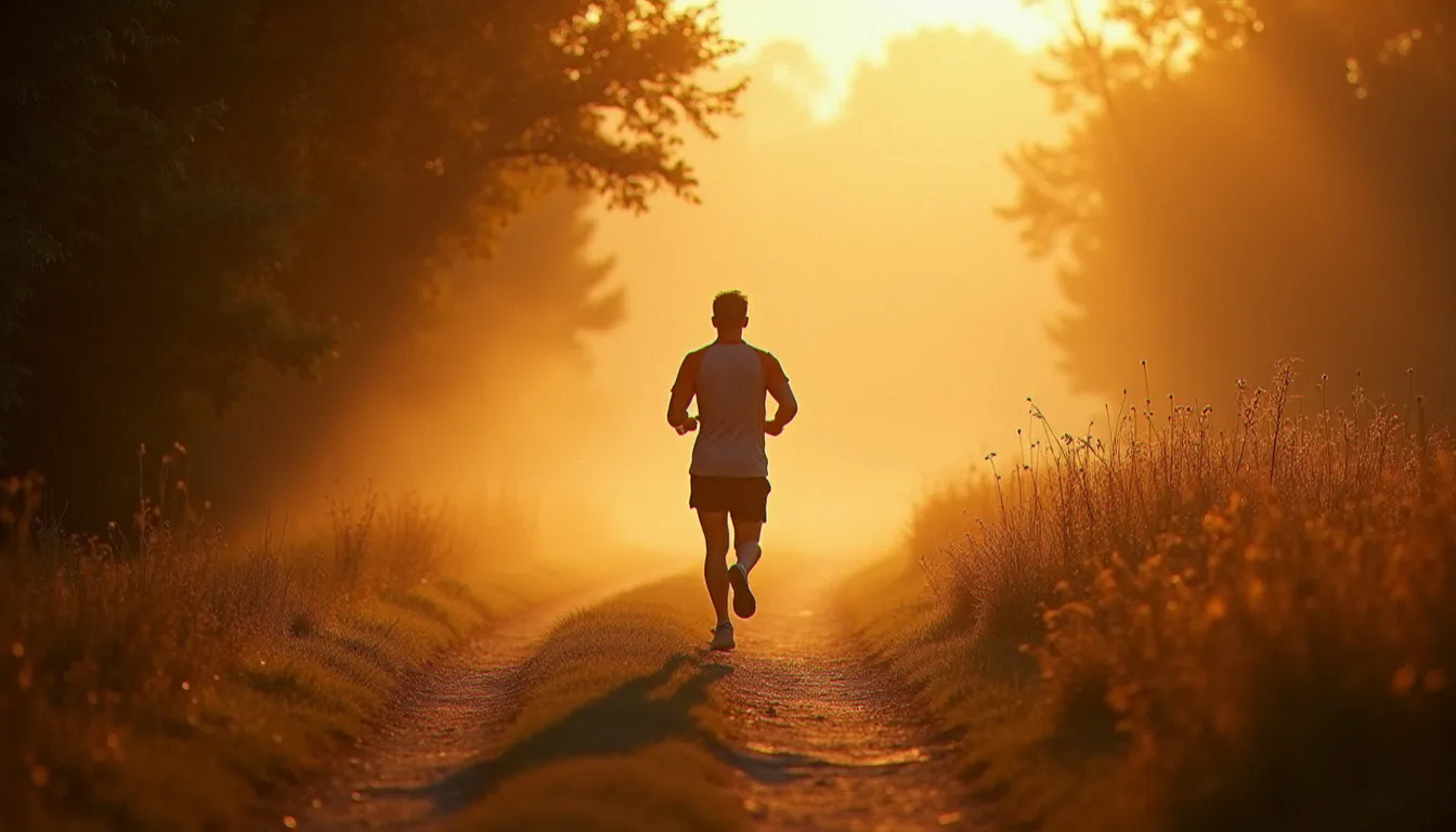 Un runner solitaire sur un sentier à l'aube, illustrant la relation entre la course et la recherche intérieure