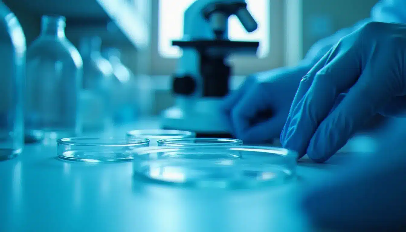 Microscope et boîtes de Petri dans un laboratoire, évoquant l'étude scientifique de la mémoire des cellules