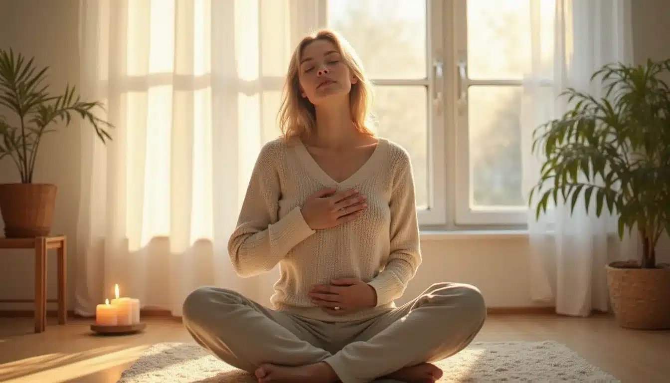 Femme assise au calme, une main sur le cœur et l'autre sur le ventre, illustrant l'écoute de la memoire cellulaires et du corps