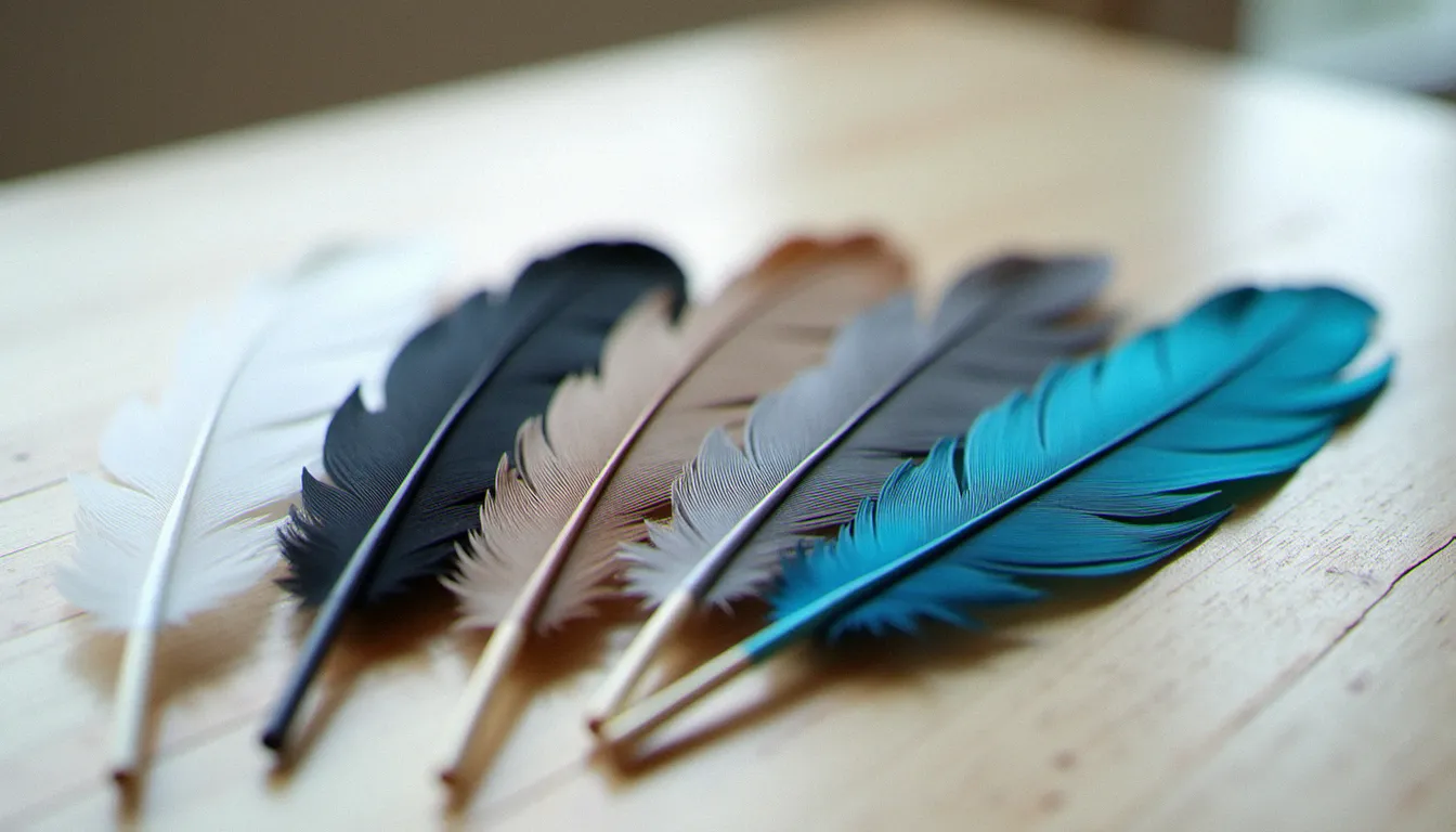 Plumes de couleurs différentes alignées sur une table en bois clair pour comparer leurs symboliques