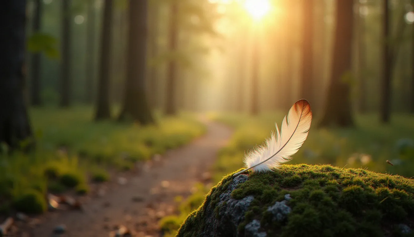 Une plume blanche posée sur une pierre couverte de mousse dans un sous-bois, illustrant la signification des plumes trouvées sur son chemin
