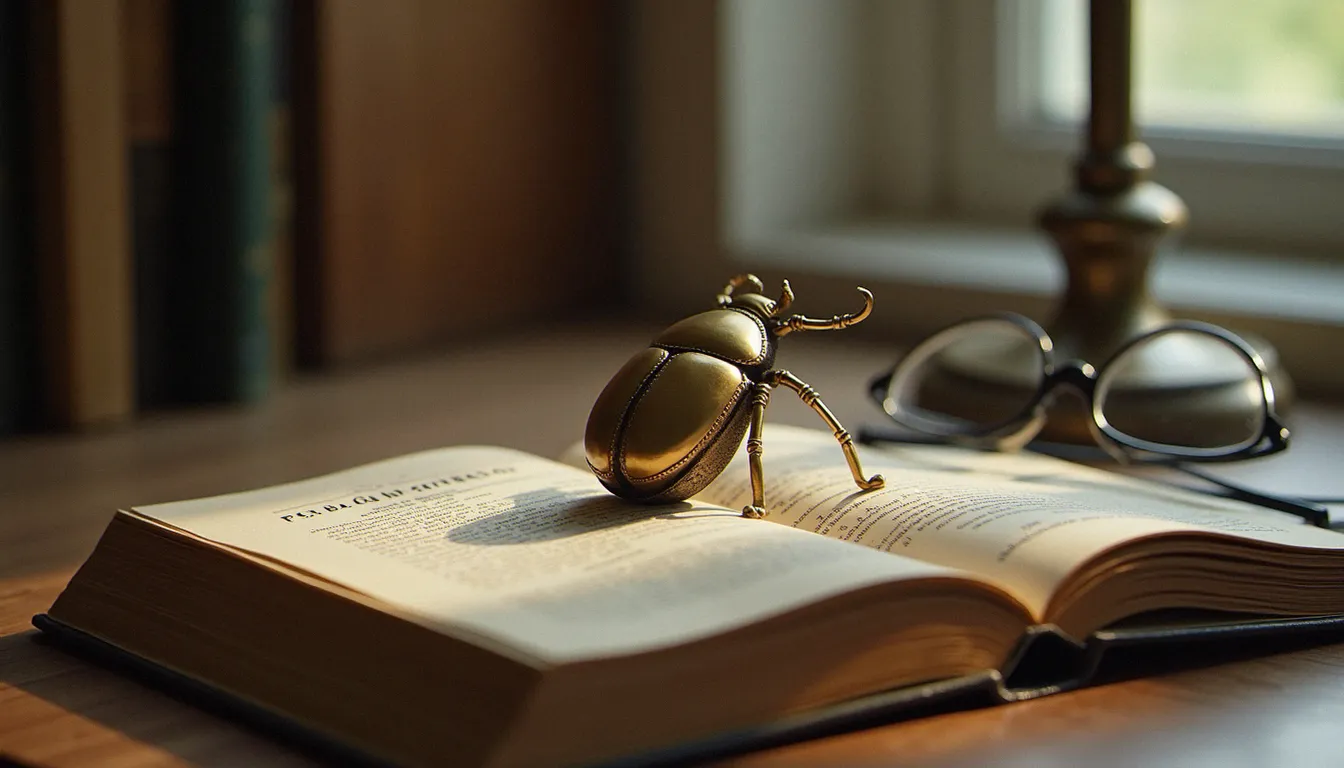 Presse-papier en forme de scarabée posé sur un livre ancien de psychologie, évoquant la synchronicité décrite par Carl Jung