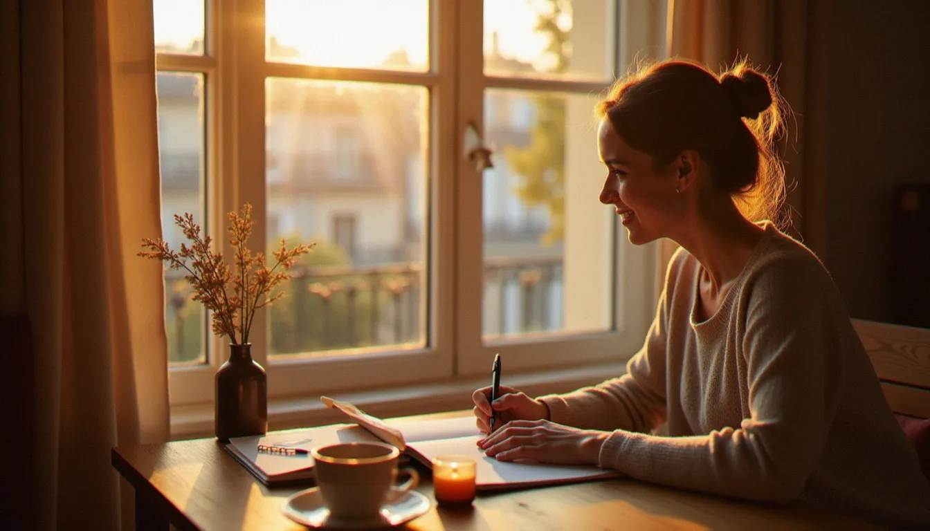 Femme songeuse près d'une fenêtre ensoleillée, un carnet ouvert entre les mains, réfléchissant à la synchronicité d'un prénom et à sa flamme jumelle
