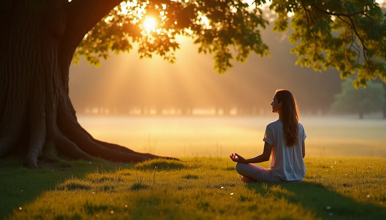 Femme assise pieds nus au pied d'un chêne, une main posée sur la terre, dans une atmosphère de recueillement évoquant qui est Gaïa, la Terre-mère