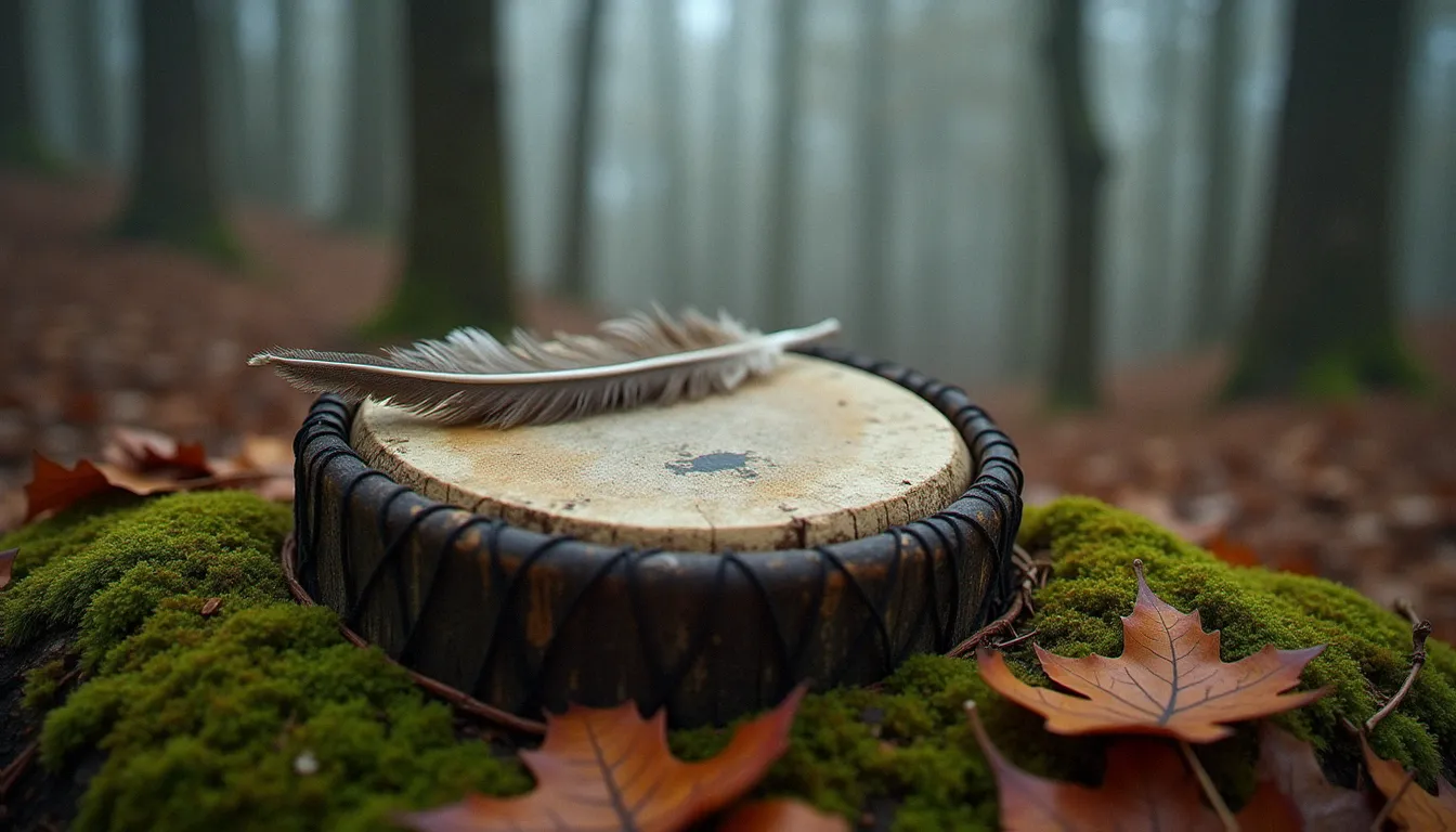 Tambour chamanique et plume posés sur la mousse en lisière de forêt, évoquant les origines des pratiques de soin traditionnelles