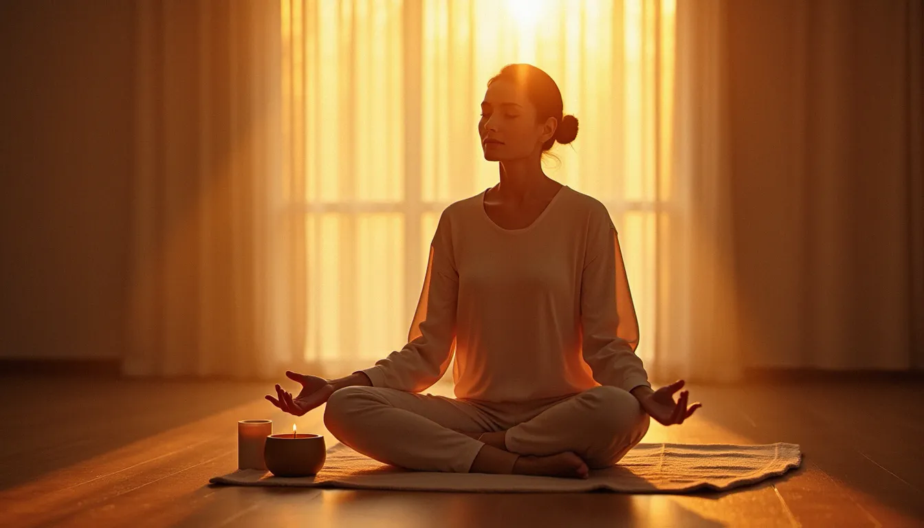 Femme assise en méditation près d'une bougie et d'un petit tambour, dans une atmosphère douce évoquant le recouvrement d'âme