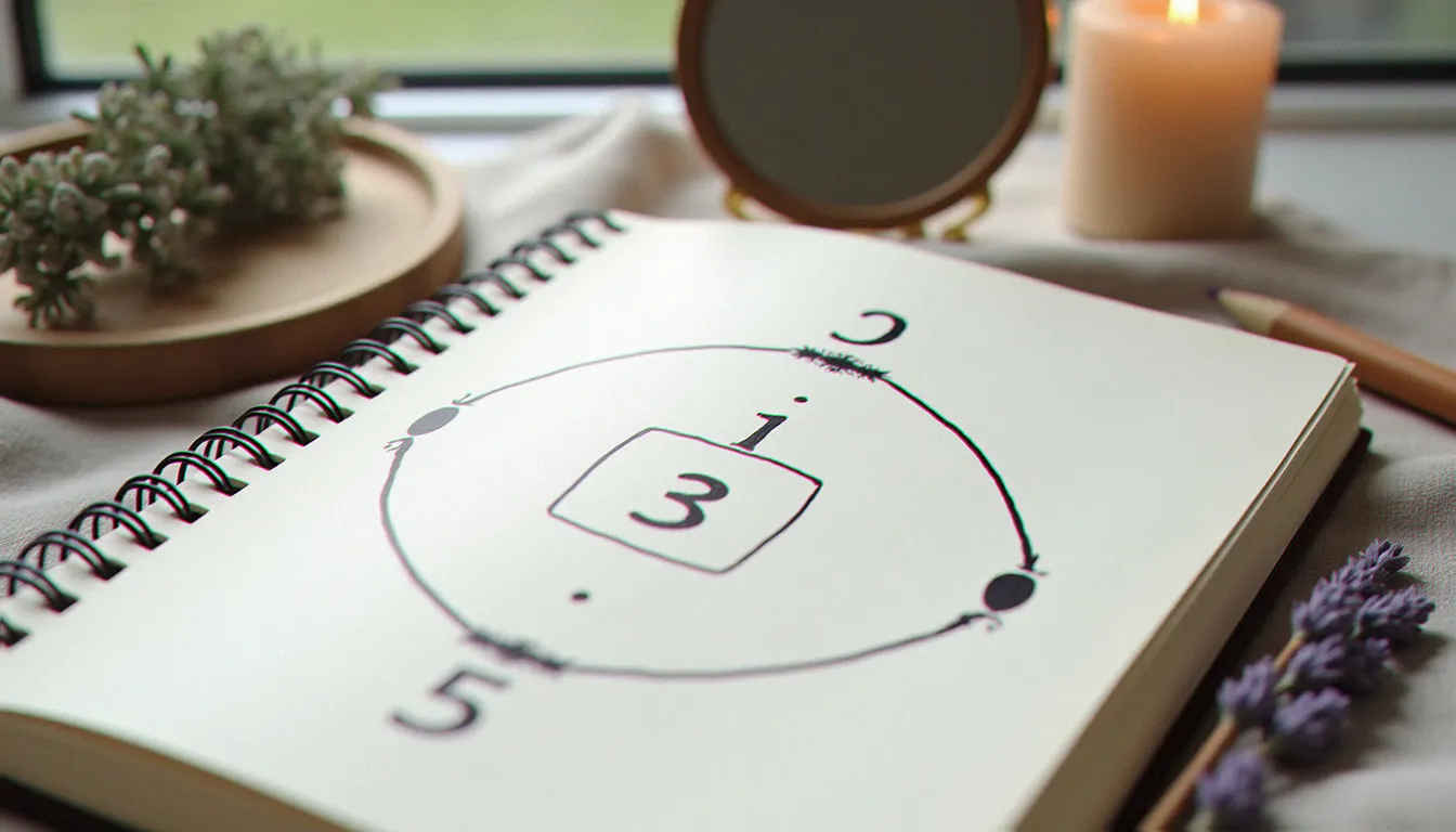 Carnet de numérologie avec des chiffres disposés en symétrie, posé près d'un petit miroir rond et de lavande séchée