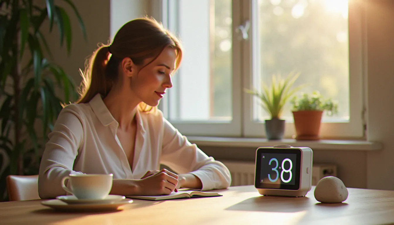 Femme pensive regardant une horloge numérique à côté d'un carnet et d'une tasse de thé, pour illustrer la signification 13h31