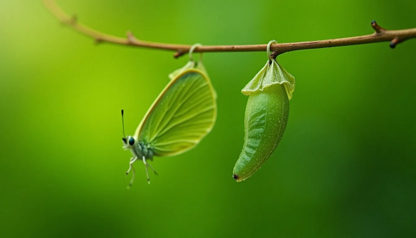 Chrysalide suspendue à une branche à côté d'un papillon tout juste sorti, symbole des étapes de la métamorphose