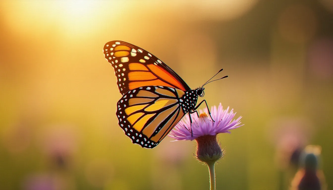 Papillon monarque aux ailes orange déployées sur une fleur sauvage, illustration du symbolisme du papillon et de la métamorphose