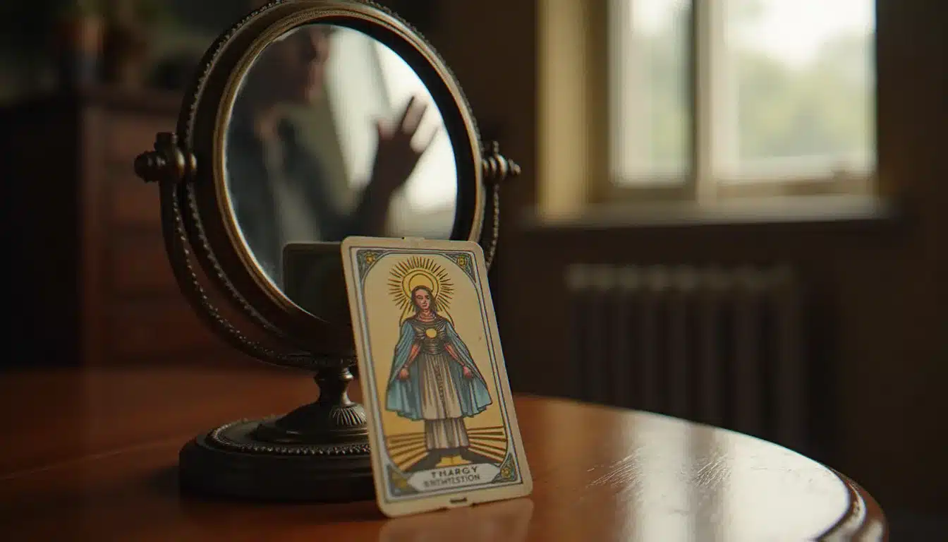 Une carte de tarot posée contre un miroir ancien, symbole de la projection de notre regard sur les images