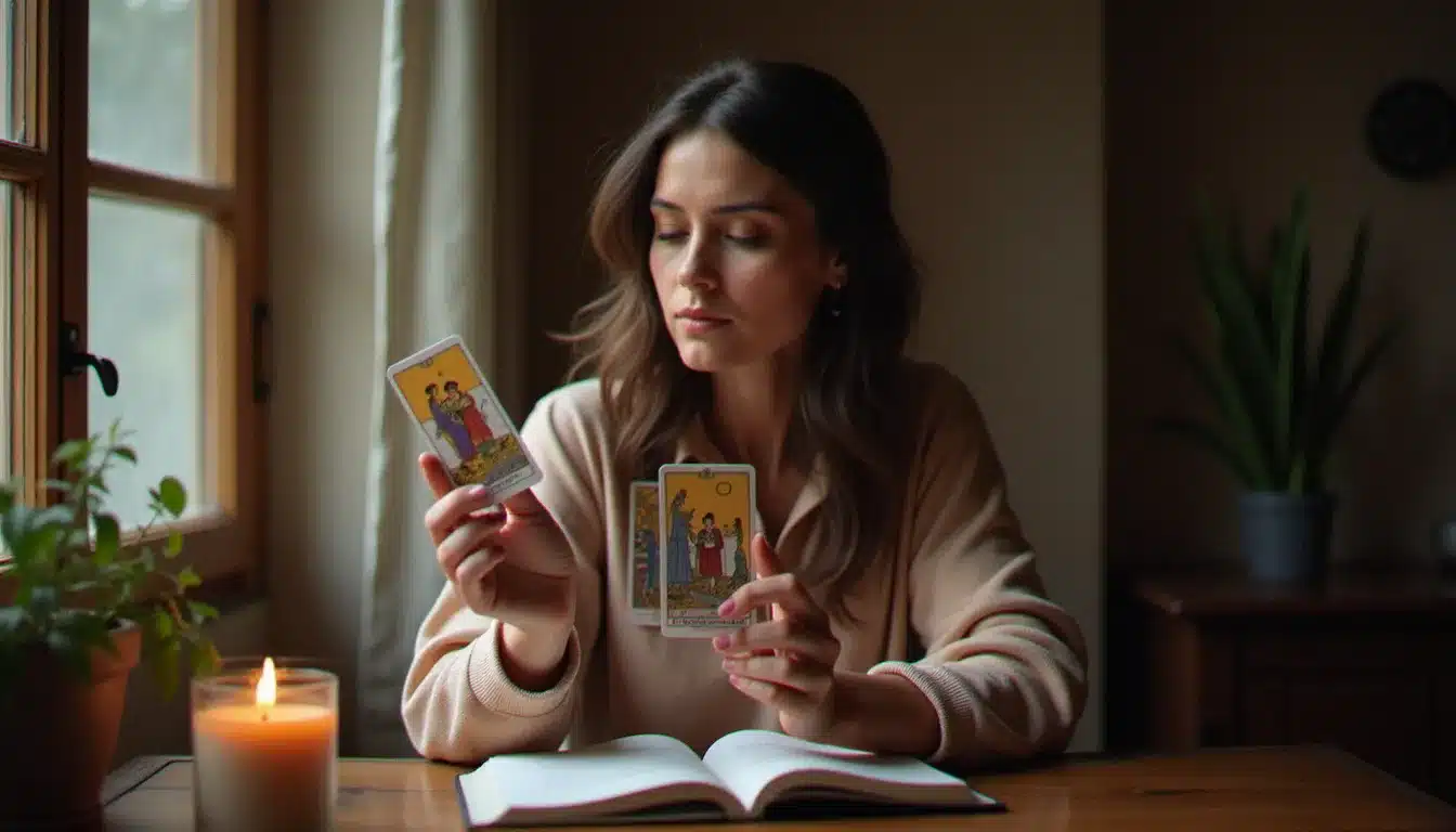 Une femme observe attentivement une carte de tarot de Marseille à sa table, illustrant la pratique du tarot perception