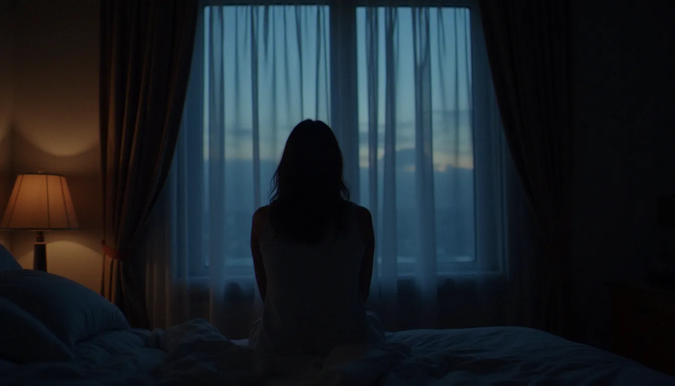 Femme assise au bord de son lit au crépuscule, observant un jeu d'ombre et de lumière sur un rideau, évoquant l'expérience de voir des entités