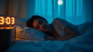 Femme éveillée dans la nuit regardant l'heure 03h03 sur son réveil, main posée sur le cœur, symbolisant la signification amour du miroir horaire
