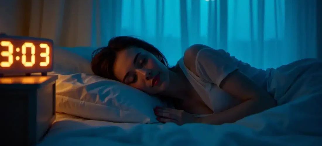 Femme éveillée dans la nuit regardant l'heure 03h03 sur son réveil, main posée sur le cœur, symbolisant la signification amour du miroir horaire